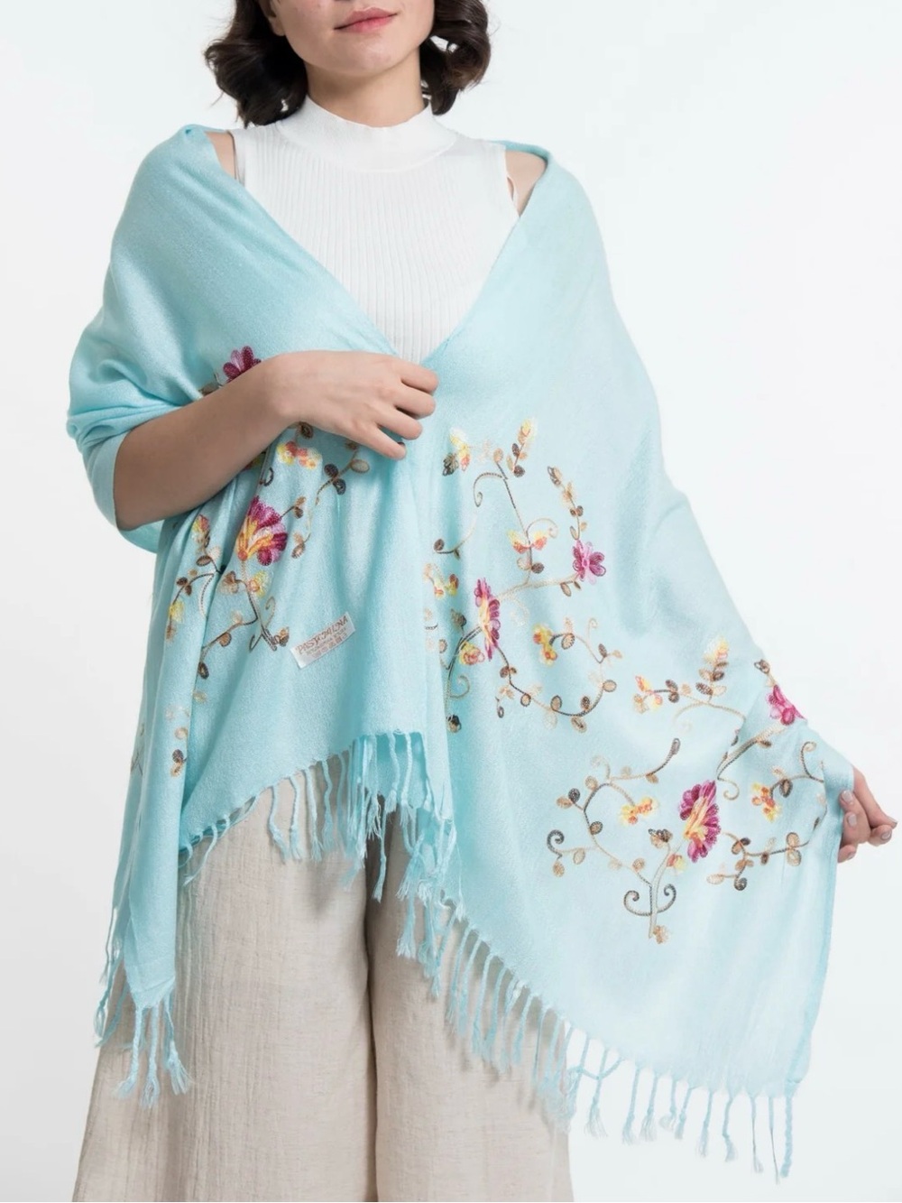 pashmina Light Blue Floral Embroidered Wrap Shawl